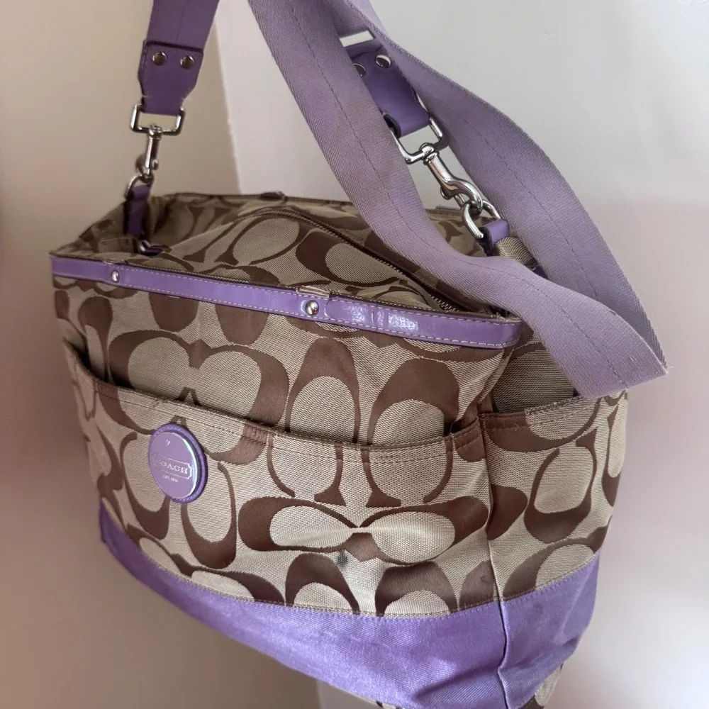 Coach Signature Brown Canvas Purple Trim Diaper Bag Tote F17443